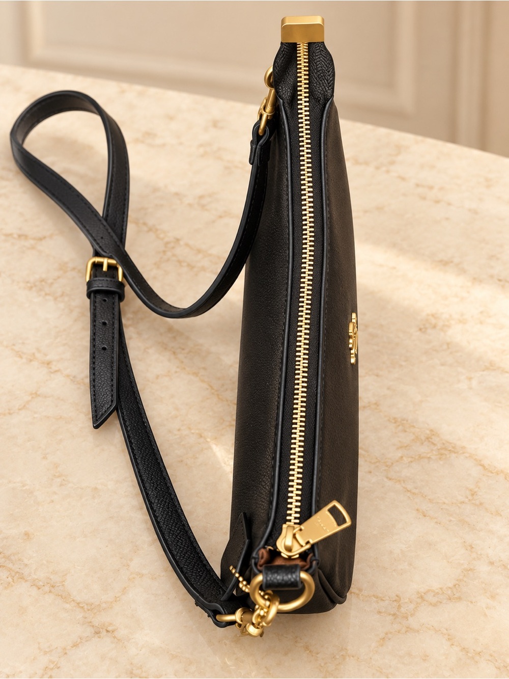 Black Leather Crossbody Bag with Gold Hardware